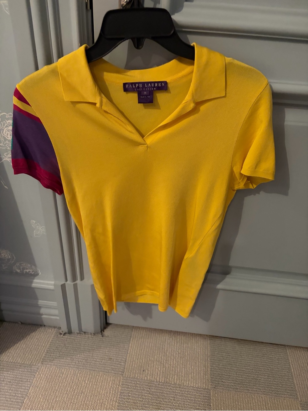 Ralph Lauren Yellow Polo Top with Purple and Red Colorblock Sleeve